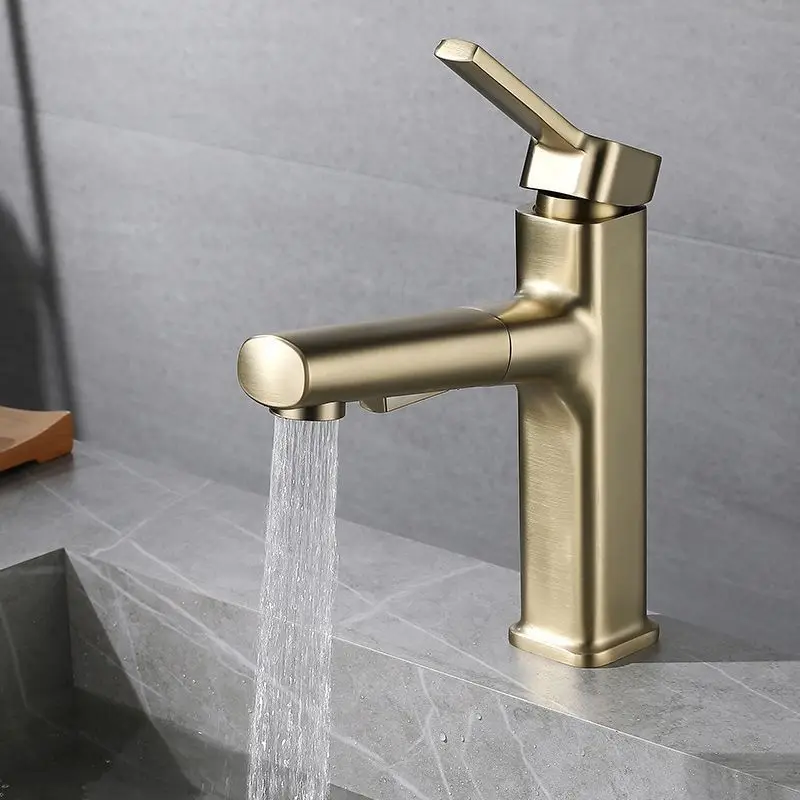 

Brushed gold pull-out faucet for bathroom vanity basins, wash basins and hand sinks, hot and cold gold basin faucet