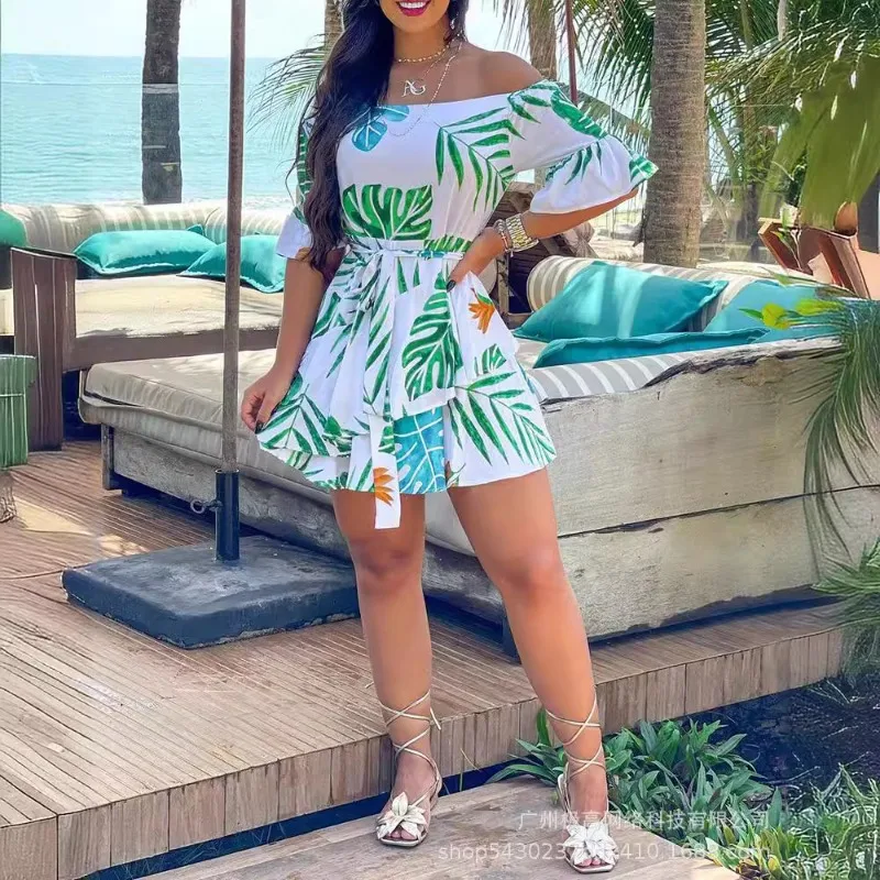 2024 Spring Summer New Women's Clothing White Floral-Print off-Shoulder Dress-No Positioning Printing-with Belt