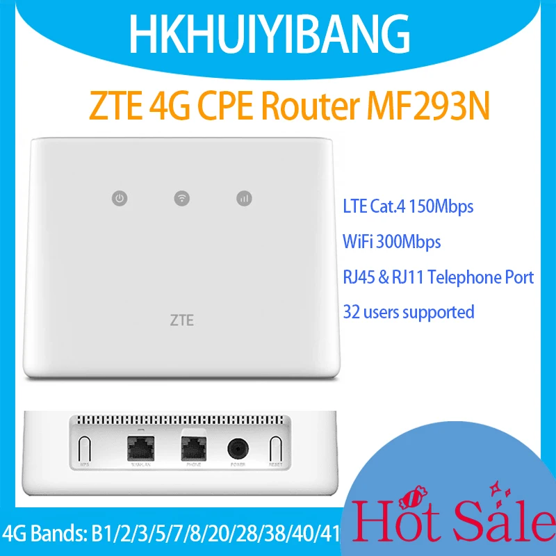 

Unlocked ZTE MF293N 4G LTE WiFi Router Cat4 150Mbps Sim Card CPE Modem 2.4GHz 300Mbps Supported 32 Users 4G Wireless WiFi Device
