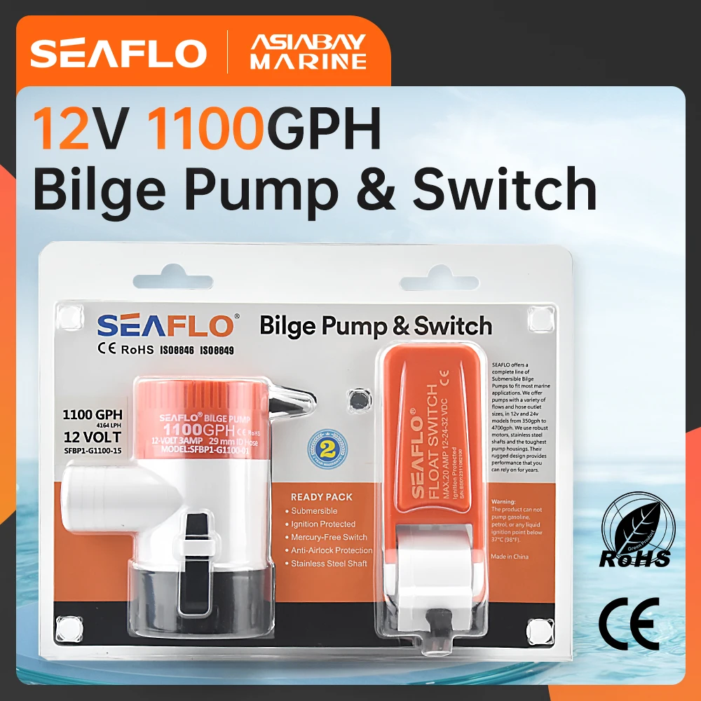 SEAFLO Bilge Pump & Float Switch: 12V , 1100 GPH Flow,Ignition protection, mercury-free, conforms to CE, ROHS standards