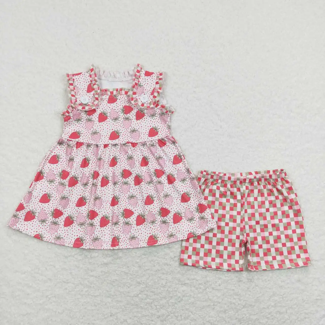 Wholesale hot sale children’s clothing for Baby Girls Clothes Strawberry Sleeveless Top Red and Green Plaid Shorts Set