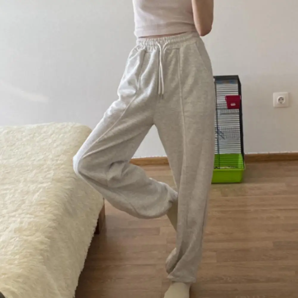 Women Sport Pants Women's Elastic High Waist Sport Pants with Pockets Adjustable Drawstring Long Trousers Solid Color Straight