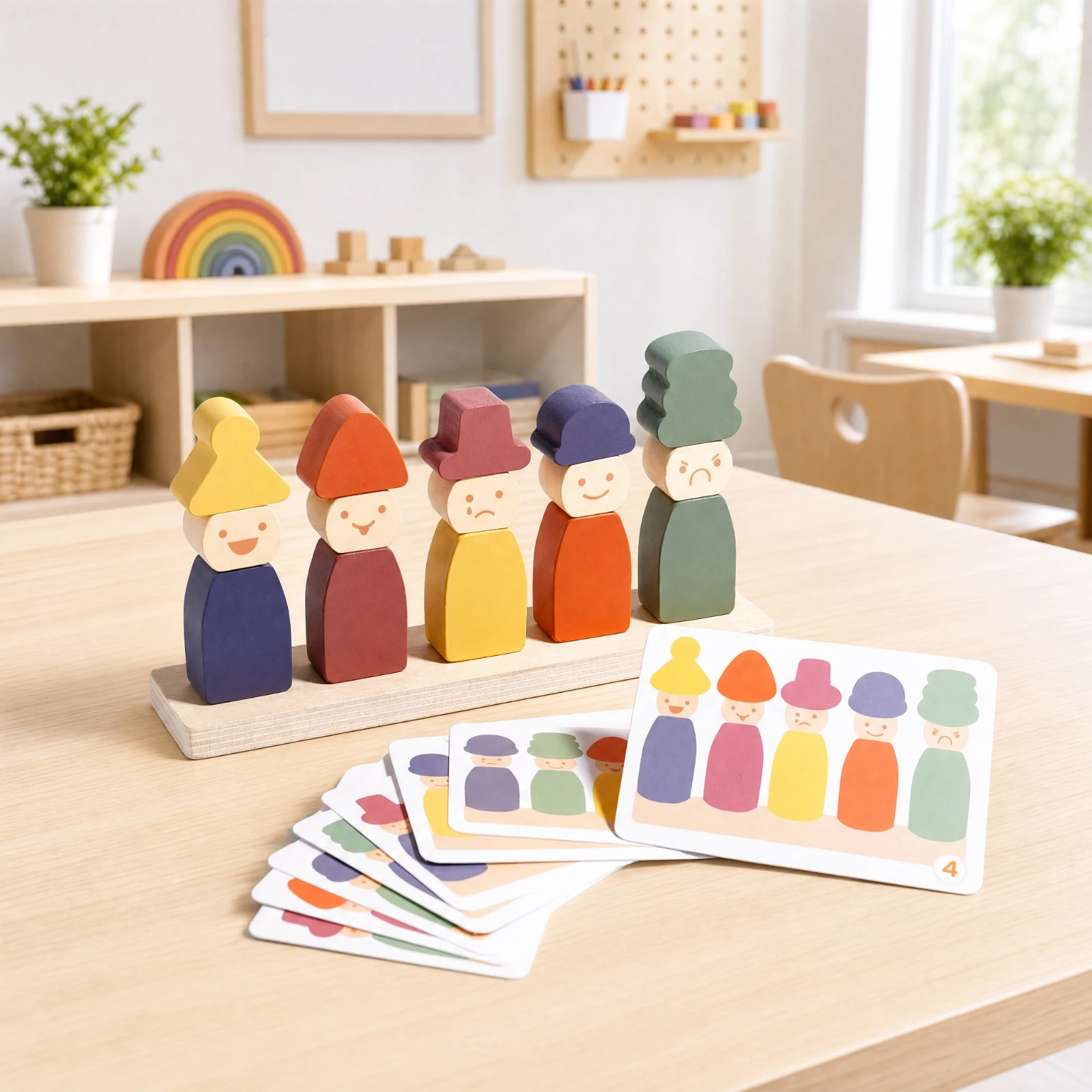 Wooden Peg Figure Matching Toy Emotional Cognition Wooden Matching Toy with Cards Educational Hands-on for Preschoolers