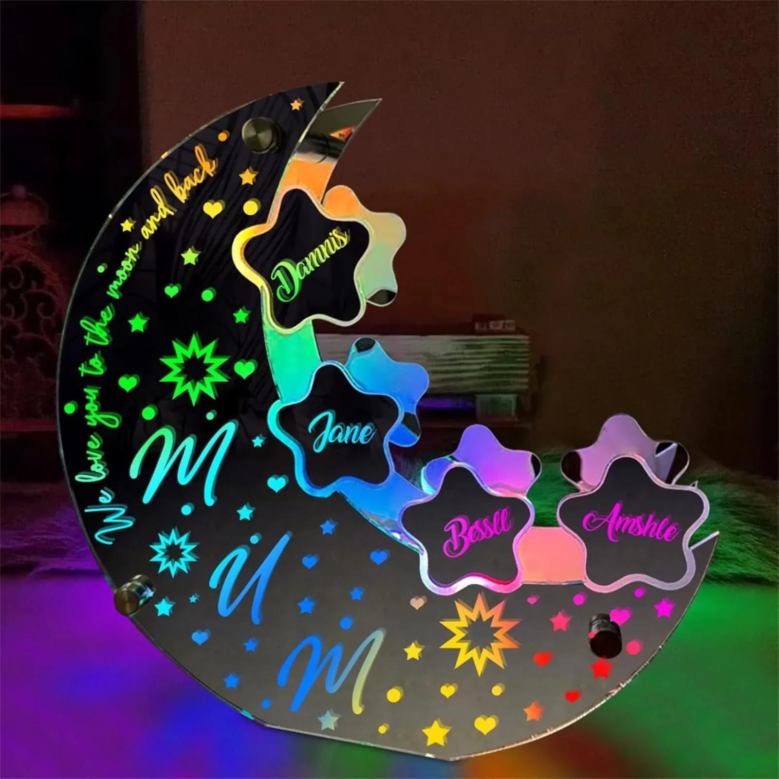 Personalized Mirror LED Moon Light with Child's Name Acrylic Crescent Sign,Mother's Day Home Deocr Gift