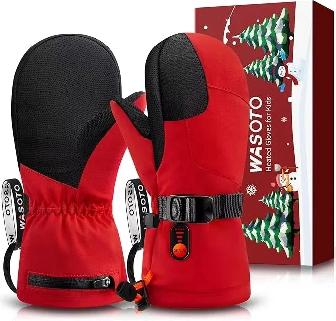Wasoto WMK001 Kids Red 7.4V 3000mAh Heated PU Waterproof Touchscreen Compatible Full Finger Electric Heating Mittens for Skiing