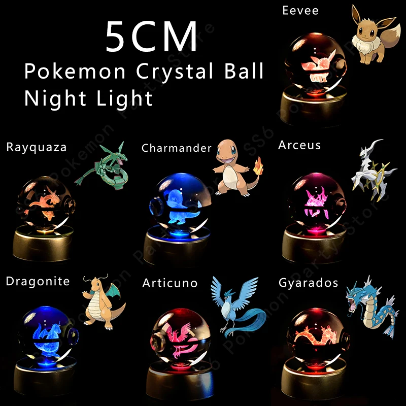 포켓몬 크리스탈 볼 3D 피카추 Gengar Mewtwo 야간 조명 램프 Pokeball 3D 유리 포켓몬 크리스탈 볼 동상 어린이 생일 선물 썸네일 3