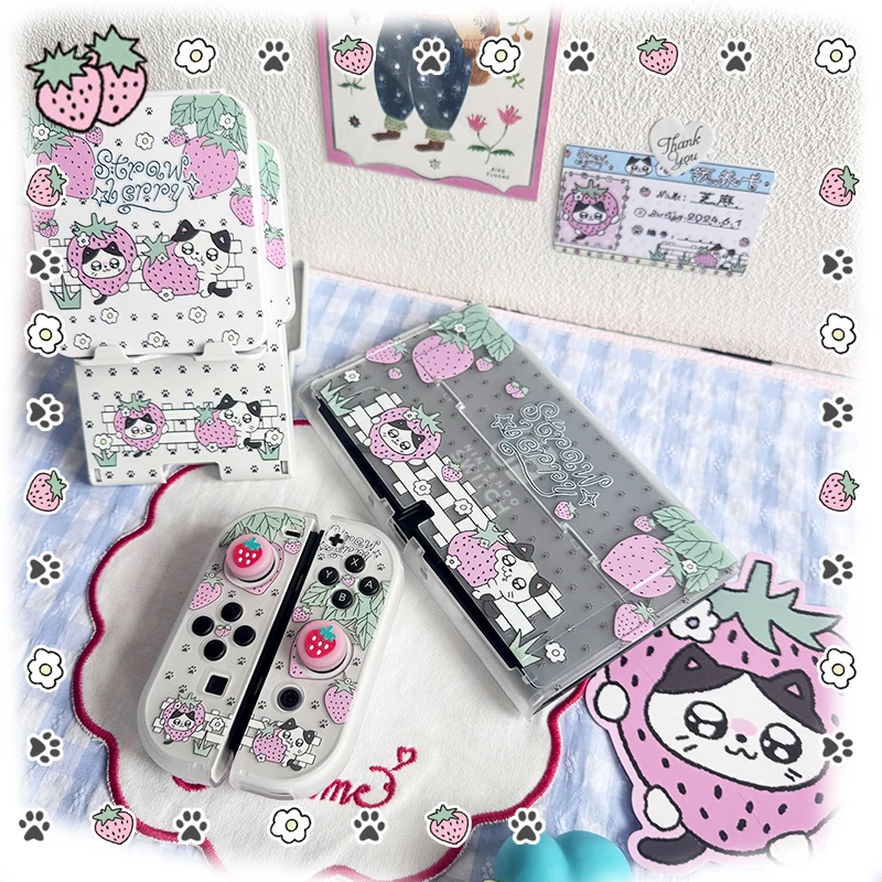 Afbeelding 6: Leuke Strawberry Kitten Switch Case voor Nintendo Switch 2/OLED/Lite Joy-Con Ins Style Console Beschermhoes Dock Compatibiliteit