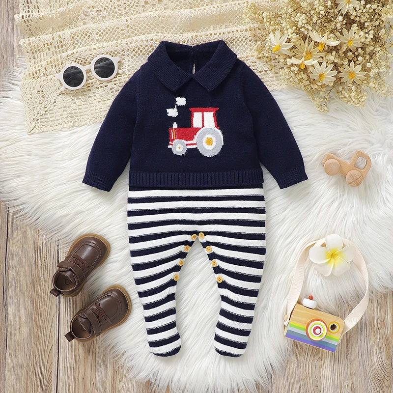 

Newborn Baby Romper Knitted Infant Boy Girl Jumpsuit Fashion Cute Locomotive Toddler Kid Clothes Long Sleeve 0-9M Foot Wrap Warm