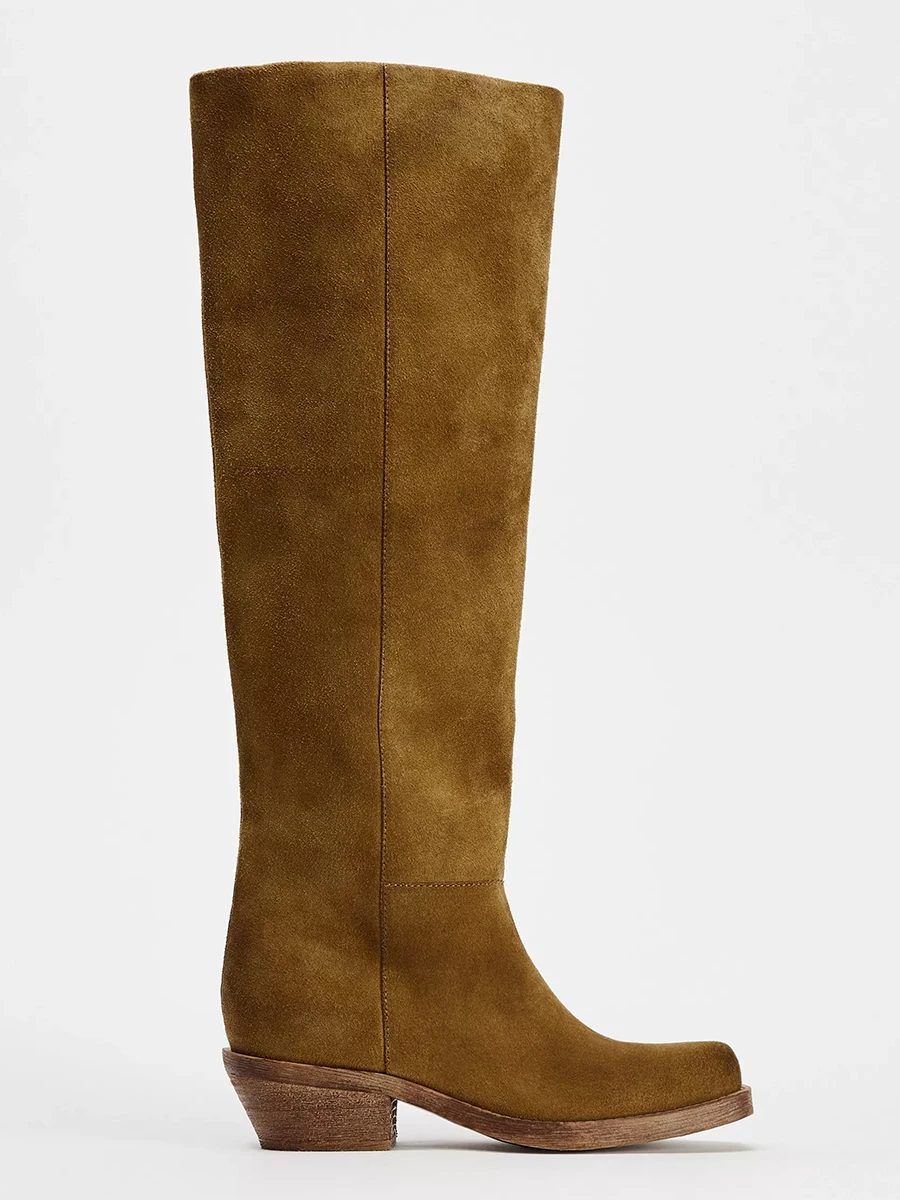 

Retro Western Booties Women's High Top Chunky Heel Long Boots Brown Faux Suede Square Toe Long Boots Autumn Winter Boots