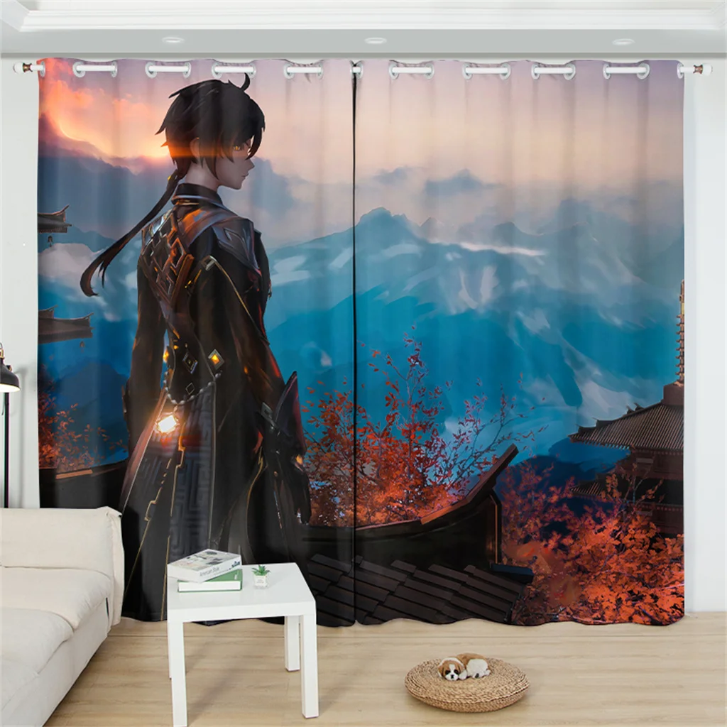 Kazuha Genshin Impact Sunshade Curtains 2 Panels Anime Printing Window Drapes For Living Room Bedroom Cartoon Home Decor Curtain