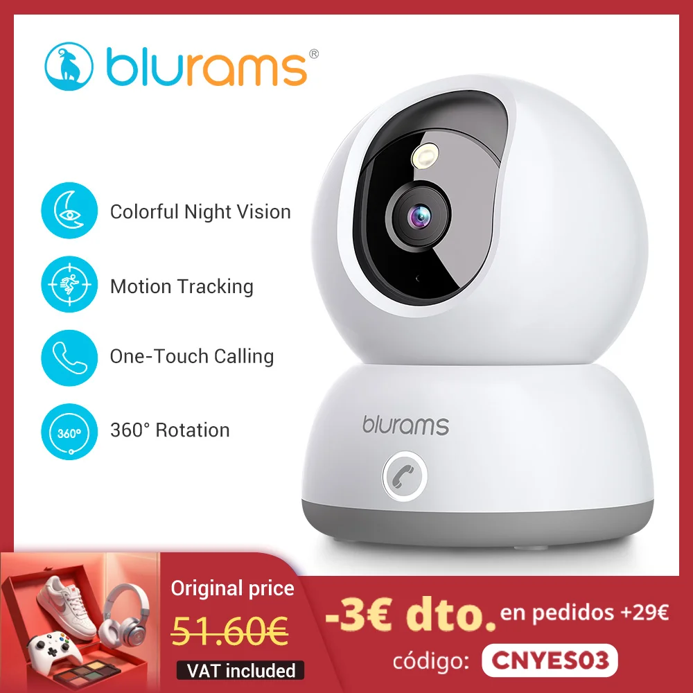 Blurams 2K Indoor Camera for Home Security, 360° Pet Dog Camera with Phone App, 2-Way Talk, One-Touch Call, Night Vision, 2.4GHz