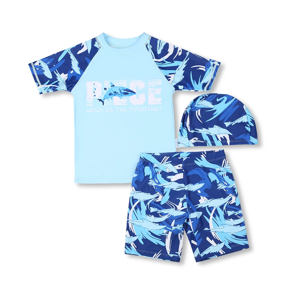 

3 Pcs New Boy Swimsuit Sun Protection UPF 50+ Short Sleeve Swimming Sunsuit Hat Cartoon Children Split Bathing Suits Set