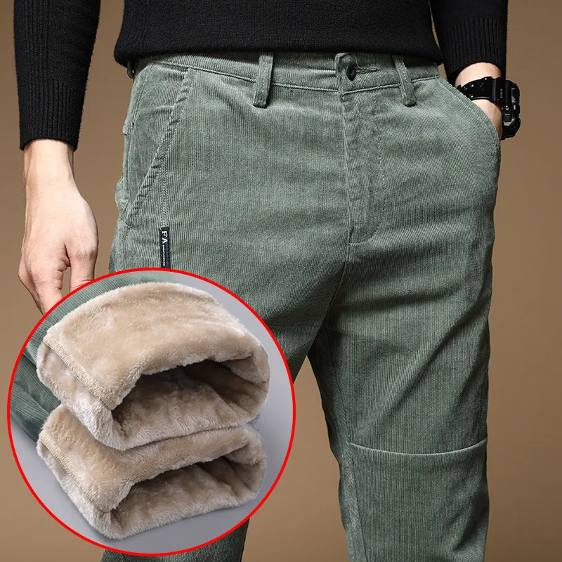 

New Winter Fleece Warm Corduroy Pants Men Business Fashion Slim Fit Stretch Thicken Gray Green Fluff Casual Trousers Male