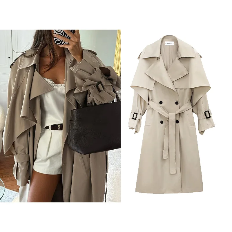 

Autumn Women Double Breasted Long Trench Coat with Belt Casual Tierred Lapel Collar Long Sleeves Windbreaker Women's Outerwears