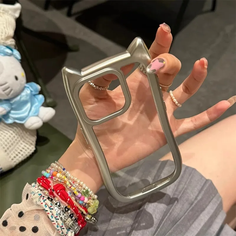 Luxury Plating Soft Silicone Cute Cat Ears Armor Bumper Case For iPhone 16 15 Plus 14 13 12 11 Pro Max XS XR 8 Shockproof Cover