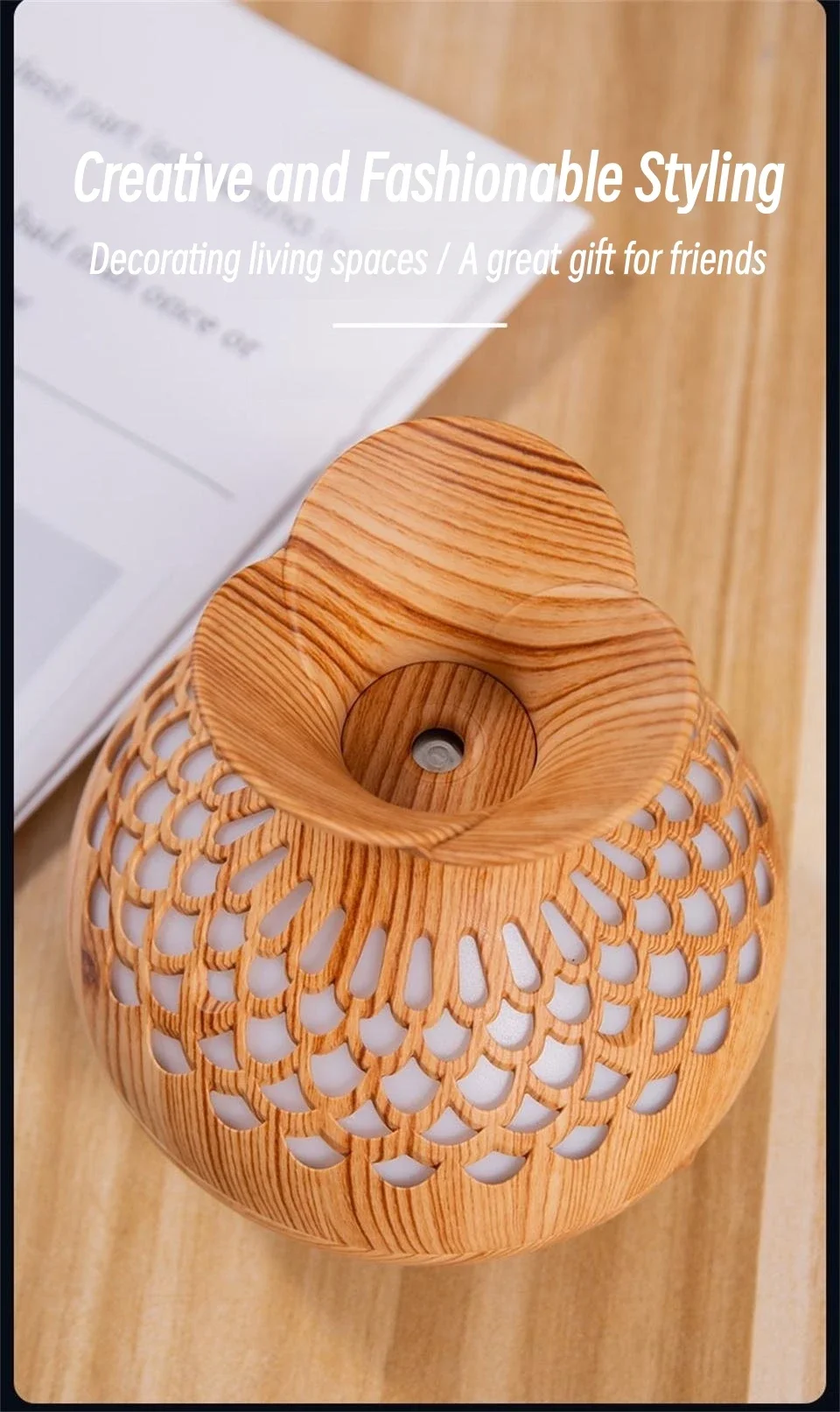 Holzmaserung Vase Luftbefeuchter Haushalt Elektrische Ultraschall-luftbefeuchter Desktop Ätherisches Öl Diffusor Luftreiniger Hause Zimmer – Detail 11