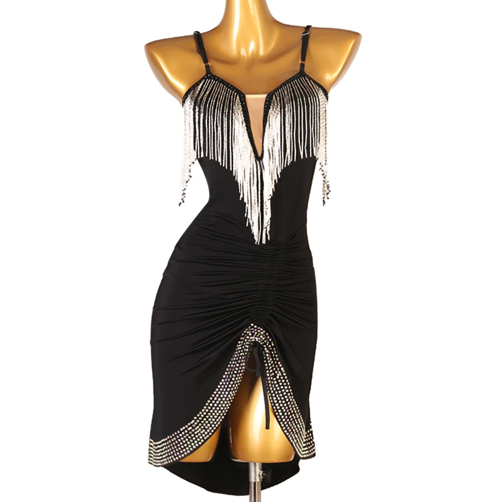 

Платье с кисточками и бусинами, стразы, одежда для танцев, женская одежда для румбы, новый латинский танец, черные подтяжки с кисточками, самба, без рукавов