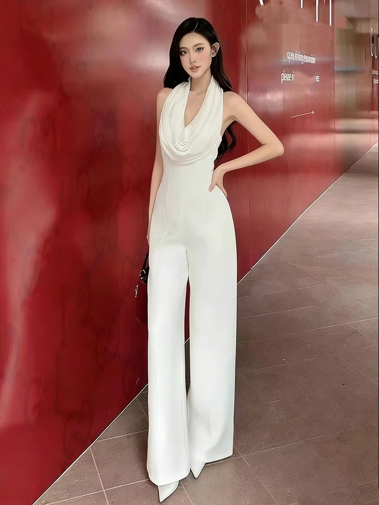 

Elegant White Slim Fit Pants for Women Neck Hanging High Waist Wide Leg Pants Luxury Style Commute Polyester Fiber