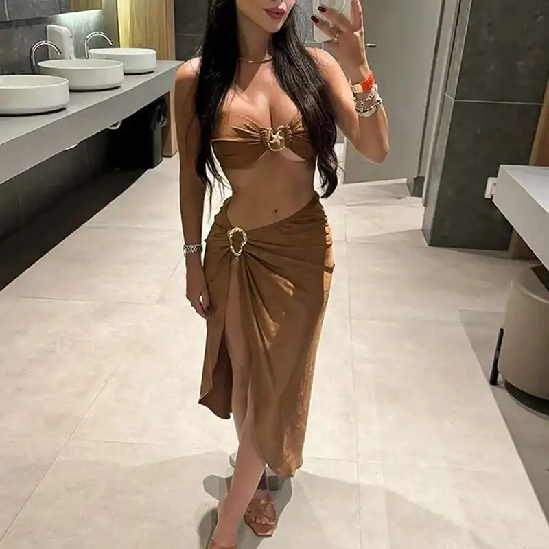 

Sexy Metal Buckle Sleeveless Tops Thong With Split Skirt Biquini Beachwear Vacation Outfit Latest Female Swimwear Bikini 3 Piece