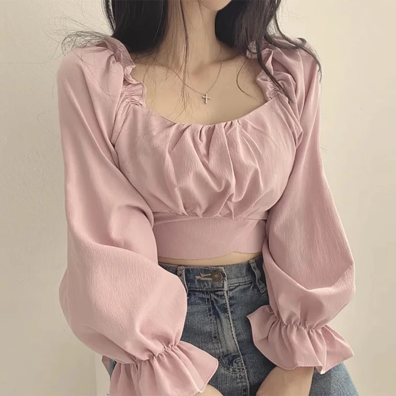 시크한 스프링 스퀘어 칼라 백 타이 버터플라이 매듭 허리 조절 긴팔 셔츠 유니크 디자인 센세이션 여성 패션