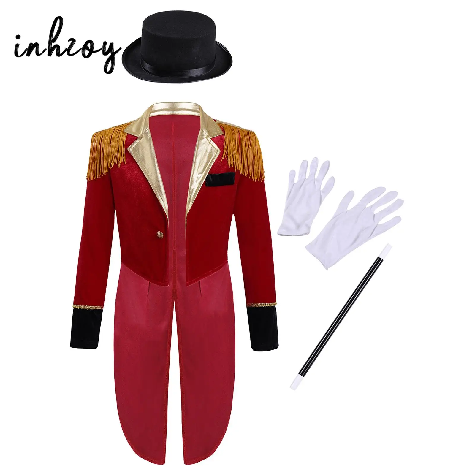 

Kids Boys Circus Ringmaster Costume Halloween Cosplay Performance Tailcoat with Hat Magic Wand Gloves Set Fancy Party Dress Up