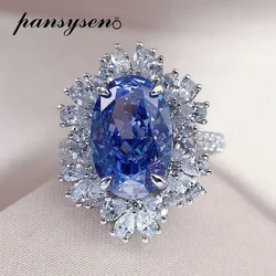 PANSYSEN Luxury 100% 925 Sterling Silver 4.5CT Oval Cut Sapphire High Carbon Diamond Ring Anniversary Party Fine Jewelry Gift