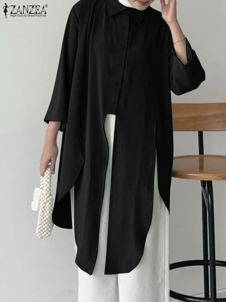 

ZANZEA Woman Elegant Irregular Hem Tops Fashion Solid Muslim Blouse 3/4 Sleeve Lapel Neck Shirt Spring Casual Islamic Clothing