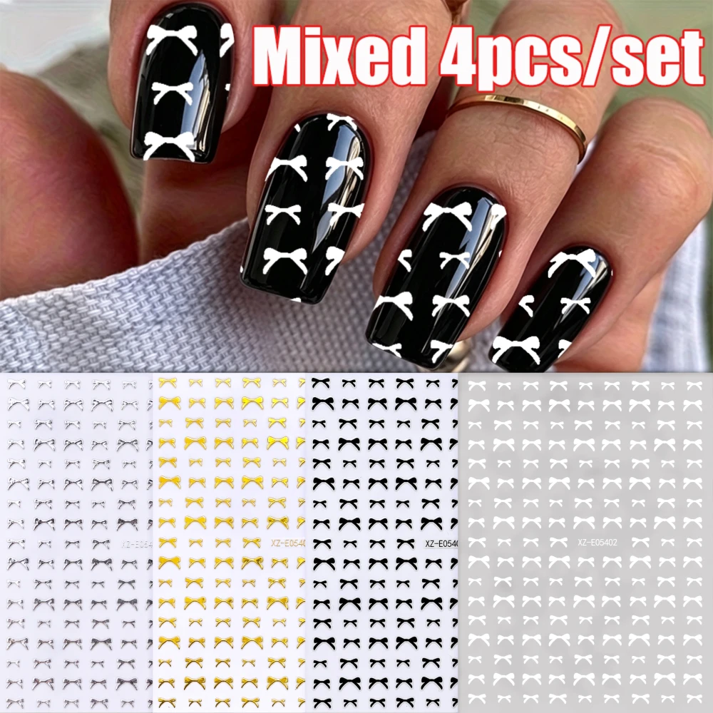 4Pcs/set Halloween&Christmas Metallic Bow Nail Stickers Gold&Silver&Black Chic Bow Decal Self-Adhesive Elegant French Bow Slider