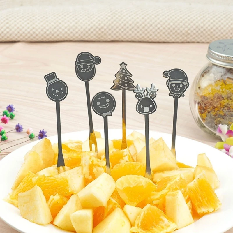 

6pcs/Set Stainless Steel Christmas Fruit Fork Snack Cake Dessert Food Picks Salad Toothpick Kitchen Tableware Party Supply