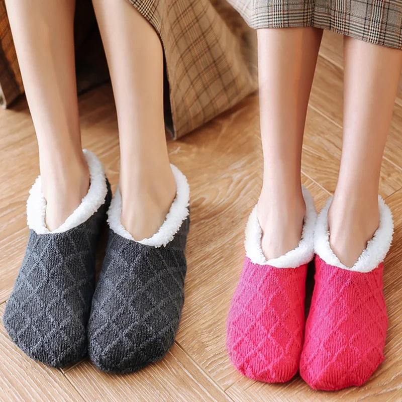 

Autumn and Winter Thickening Socks Woolen Lamb Wool Non-slip Glue Dot Solid Color Floor Sock Women's Warm Plush Hosiery Slipper