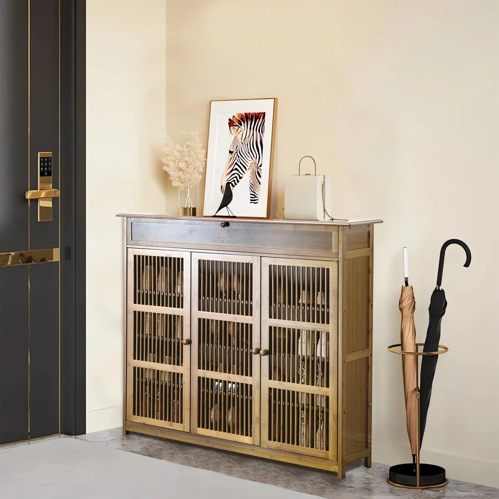 

4 Tier Bamboo Shoe Storage Cabinet Wooden Shoes Rack with 3 Hollow Doors