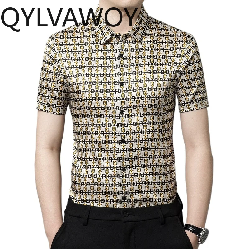 

QYLVAWOY 92.4% Natural Mulberry Silk Men's Shirts Printed Short Sleeve Summer Shirts High-end Grid Tops Menswear Clothing Casual
