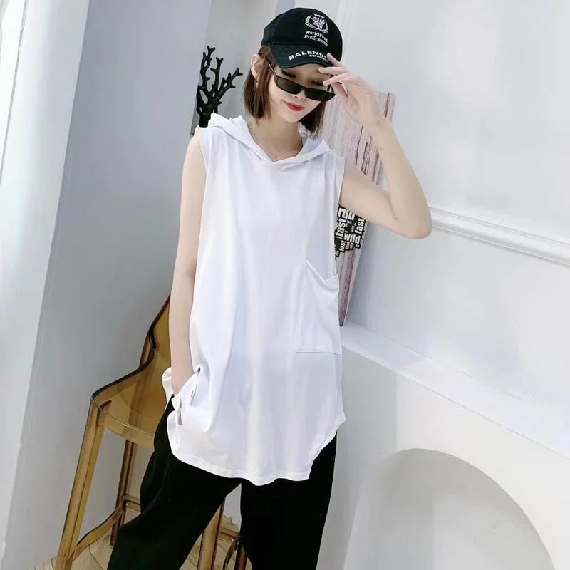 

plus Size 300 Pounds Women's Long Sleeveless Vest Loose Fit Base Shirt Hooded Mid-Length Summer New Style Cover Belly Top