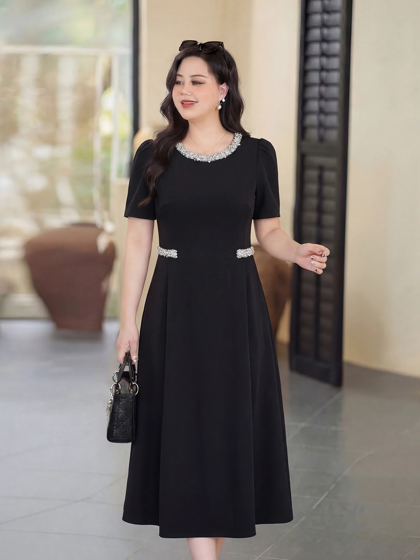 

Elegant Elegant Heavy Bead Work Summer Dress for plus Size Women Formal Occasion High Waist A-Line Dress Short Sleeve