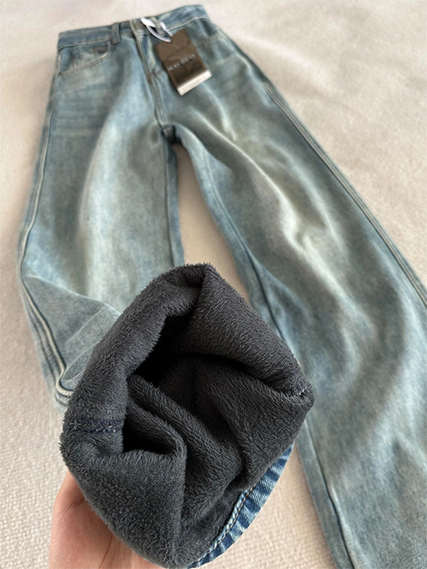 

Retro Blue Fce Lined Men's Jeans American High Street Elastic Slim Straight Leggings Micro Flared Knife Pants Youth Faion