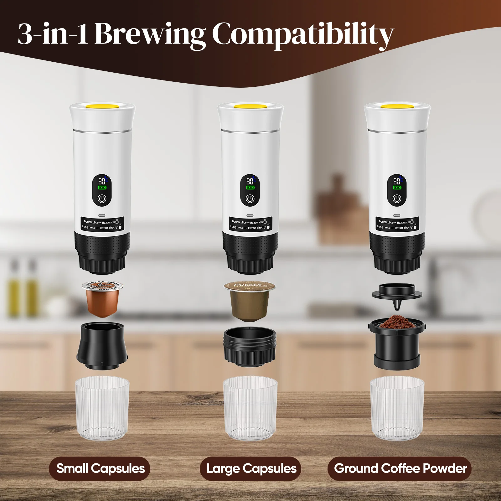 Cafetera espresso portátil inalámbrica con pantalla digital, control de temperatura, recargable, mini máquina de café de cápsulas, compatible con múltiples cápsulas, café en polvo, para viajes, camping.