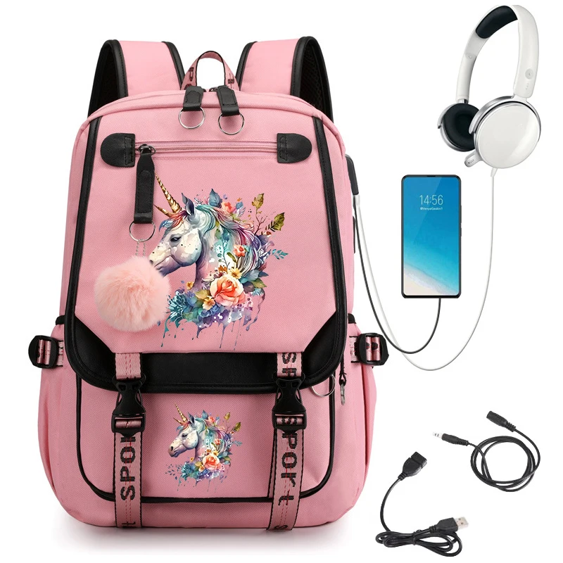 Grande capacidade cavalo Anime Schoolbag para meninas, mochila estudantil, sacos de desenhos animados, USB Bookbag, estudante do ensino médio