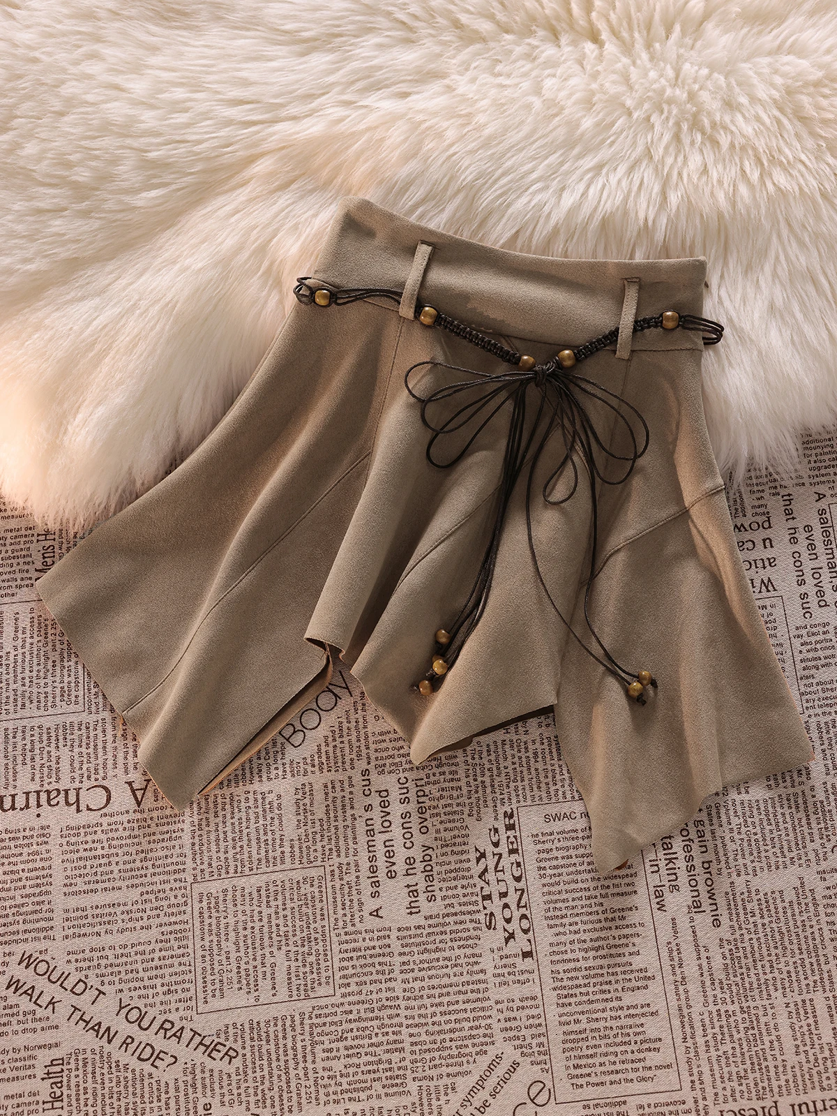 

Summer Khaki Mini Skirt High Waist Irregular Vintage Skirts Black Elastic Waist Short Skirts with String for Women