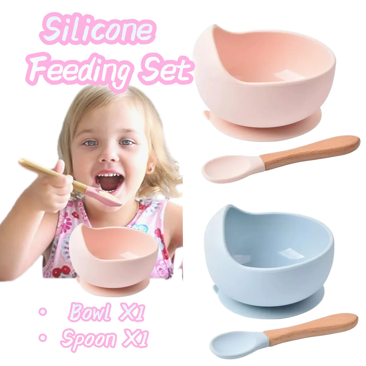 

2-Piece Baby Set: Wooden-Look Silicone Spoon & Suction Silicone Bowl, BPA-Free, Drop-Proof, for Complementary Food Training