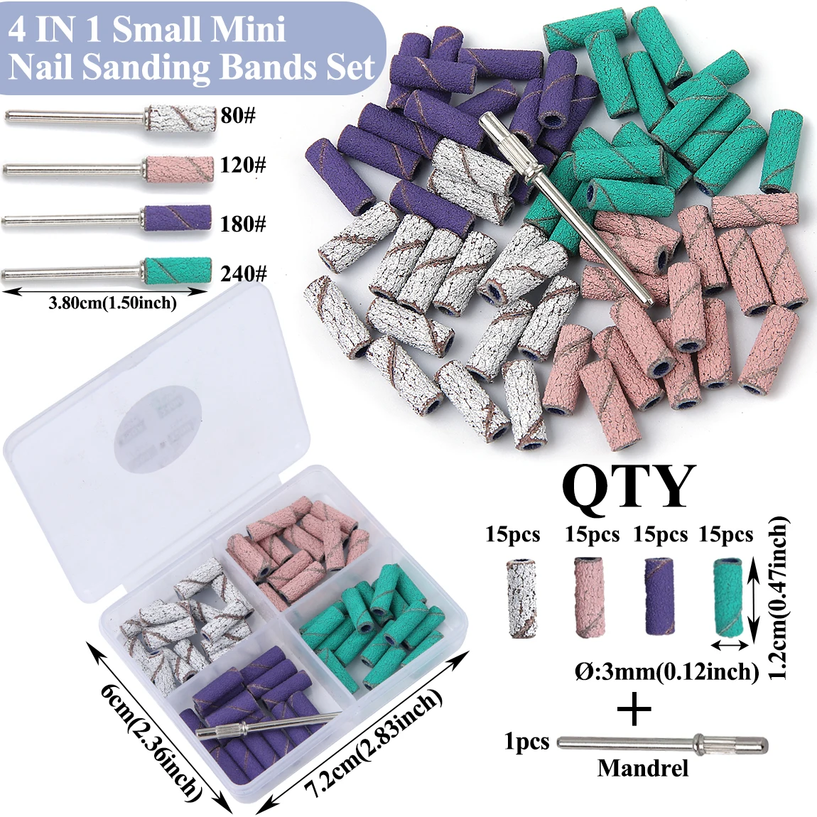 60 ชิ้น/กล่อง 3 มม.ขนาดเล็ก Mini เล็บ Sanding Bands ชุด 1 ชิ้นเพลาโลหะสําหรับอะคริลิคและเจลกําจัด 80 # 120 # 180 # 240 #