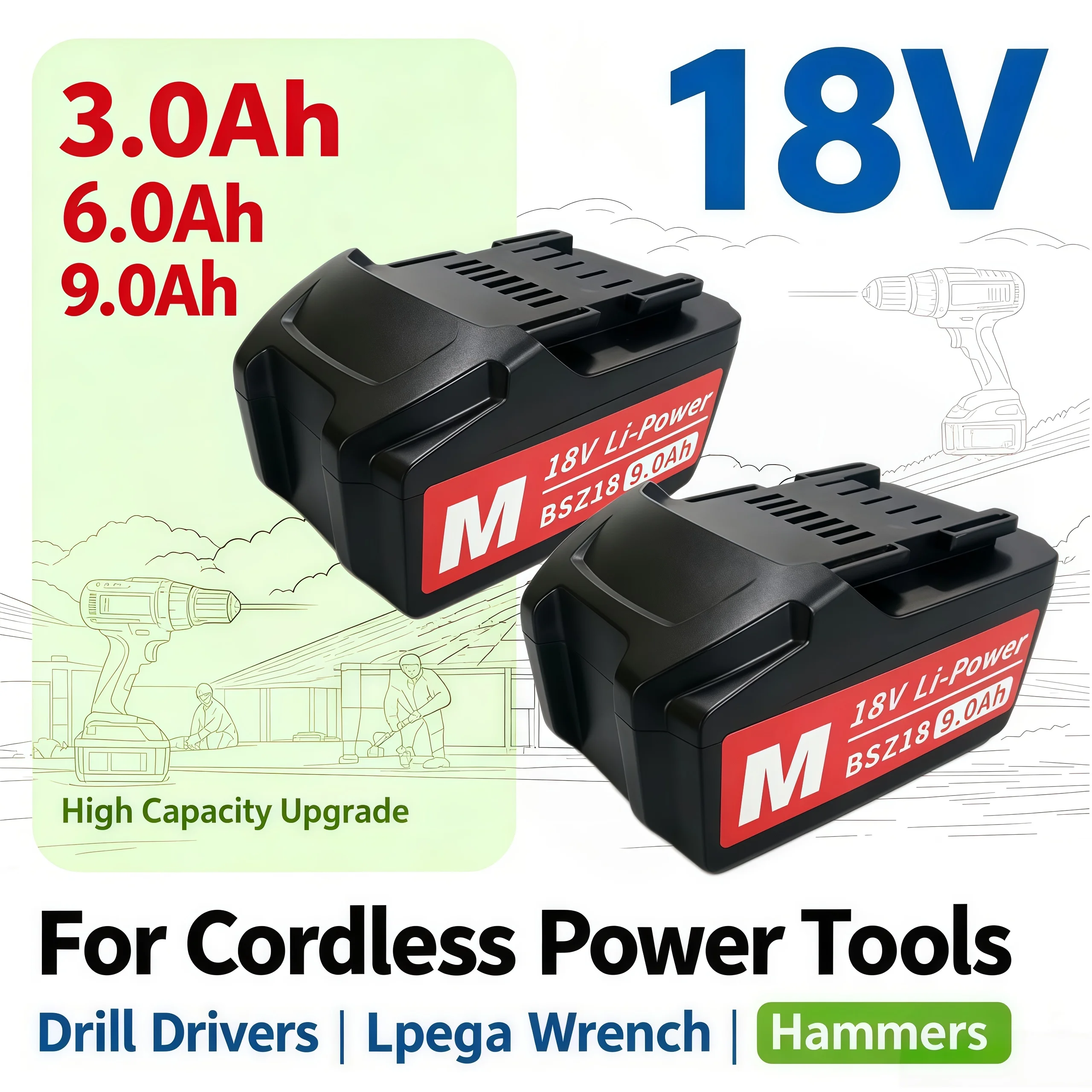18V 3.0Ah/6.0Ah/9.0Ah Rechargeable Battery Compatible With Metabo BSZ18 Drill Drivers Wrench Hammers Lpega Power Tool