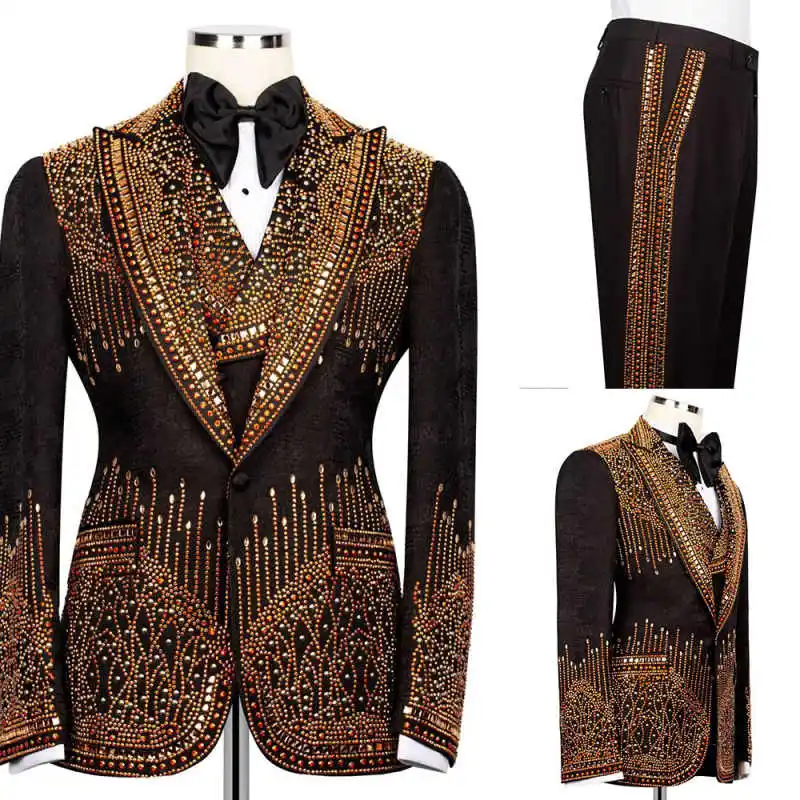 الدعاوى الرجالية الفاخرة خرز كريستالي سليم صالح الزفاف العريس البدلات الرسمية بلغت ذروتها التلبيب الأعمال السترة مجموعة 3 قطع مخصصة