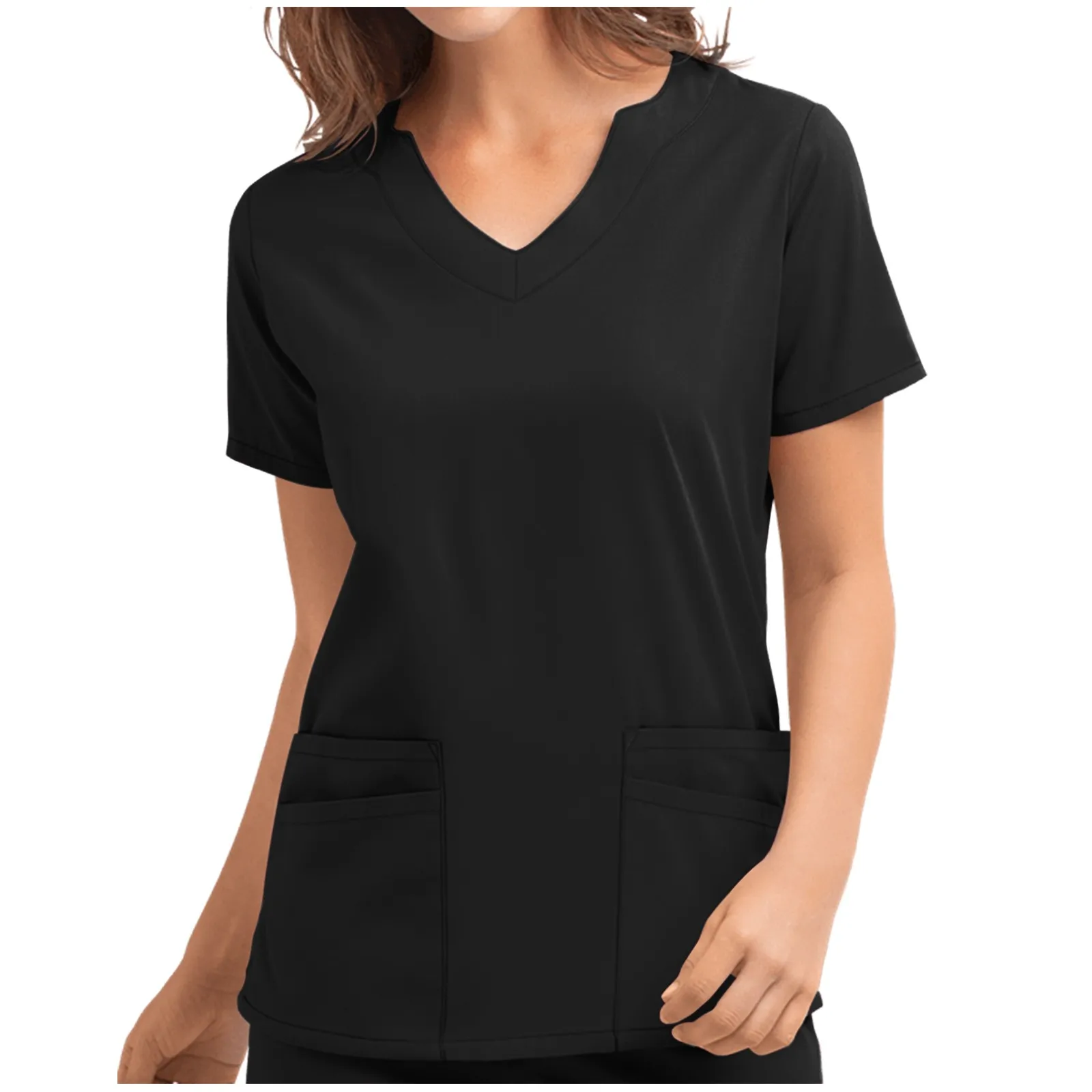 Multipocket Thermal Short Sleeve Soft T-Shirt Nurse Uniform Working Clothes For Women Black Basic Breathable V-Neck Casual Tee