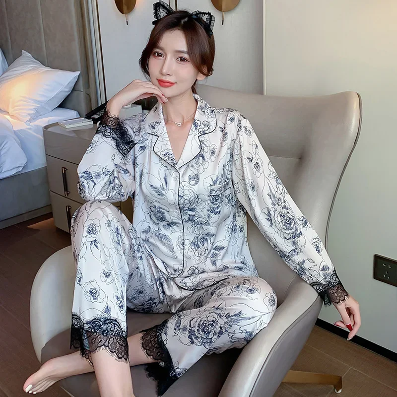 TOP Quality Women\'s Pajamas Set Floral Ink Sleepwear Silk Like Casual Homewear V Neck Pyjams for women pyjama pour femme