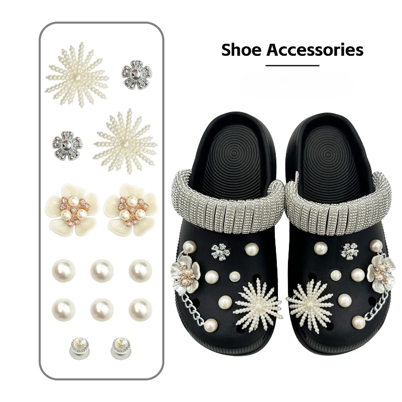 

Pearl Flower Chain Shoe Charms for Clog Shoes Rhinestone DIY Decoration Accessories Elegant Garden Sandals