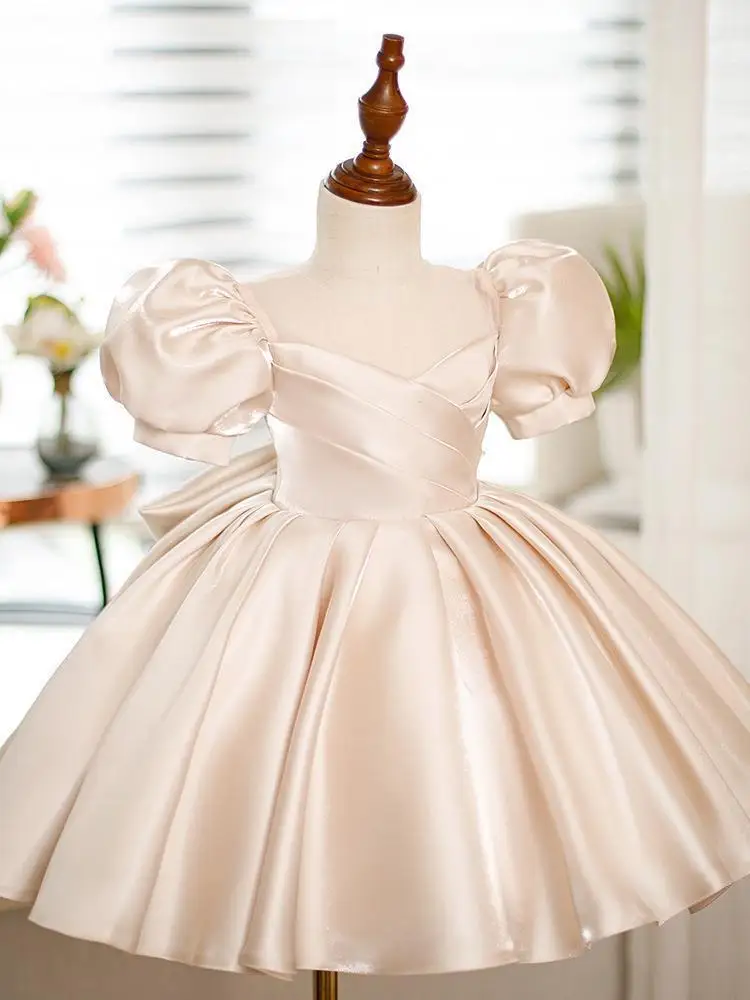 

Adorable Champagne Baby Girl's 1st Birthday Outfit with Big Bow Fluffy Princess Christening Dress First Communion Gown