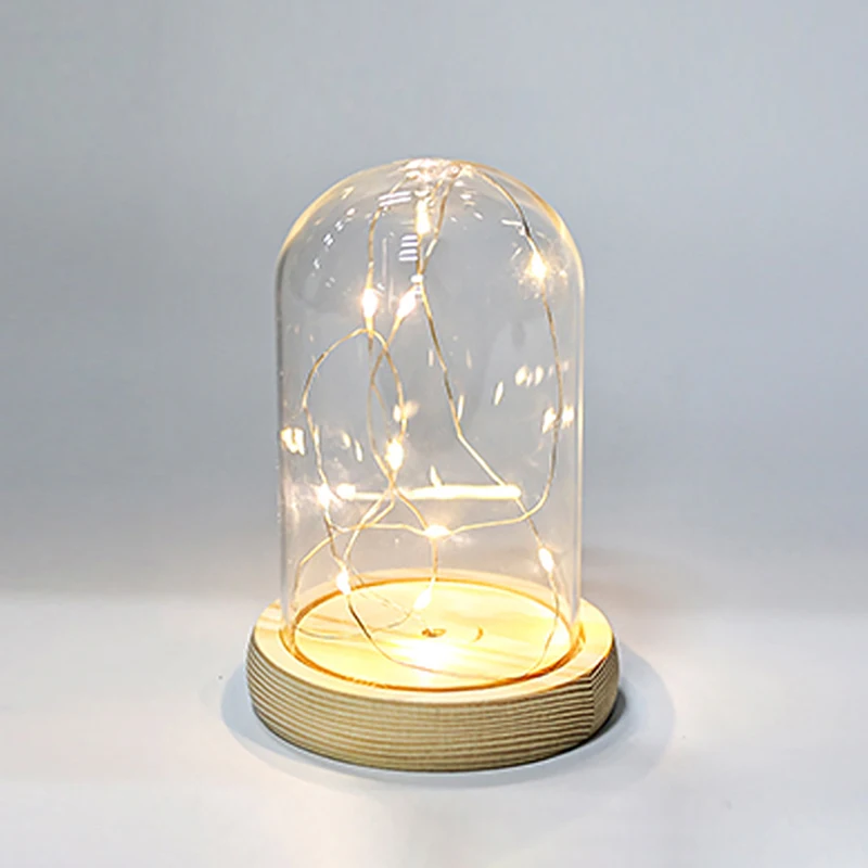 Glass Dome Wooden Base With LED Light Landscape Vase Dry Flower Cloche Cover DIY Plants Container Holder Bedroom Decor