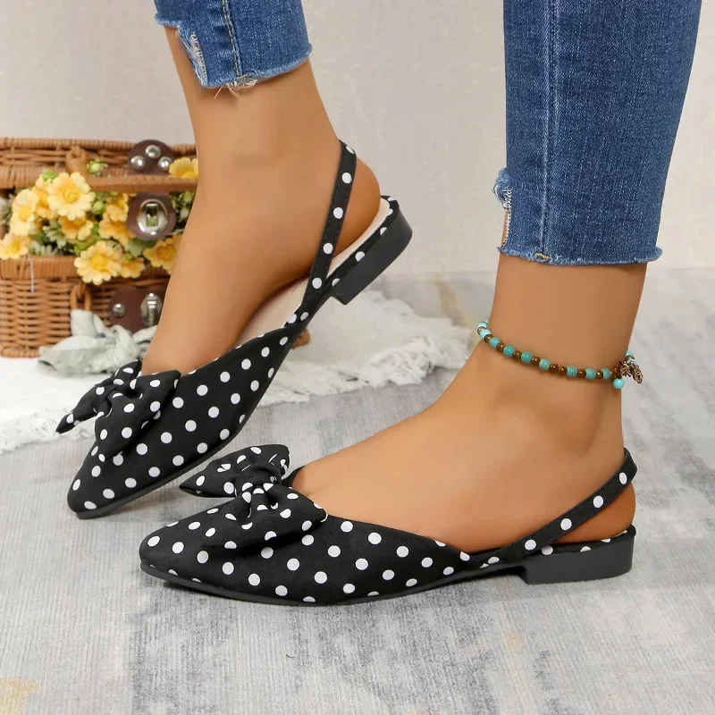 Women's Sandals Fashion Pointed Toe Bowknot Slingbacks 2025 Plaid Polka Dots Shoes Slip-on Small Heel Pumps Casual Thin Shoes