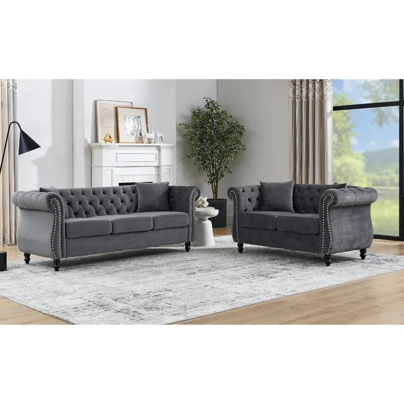 2 Piece Chesterfield Velvet 80“ 3-Seater and 59