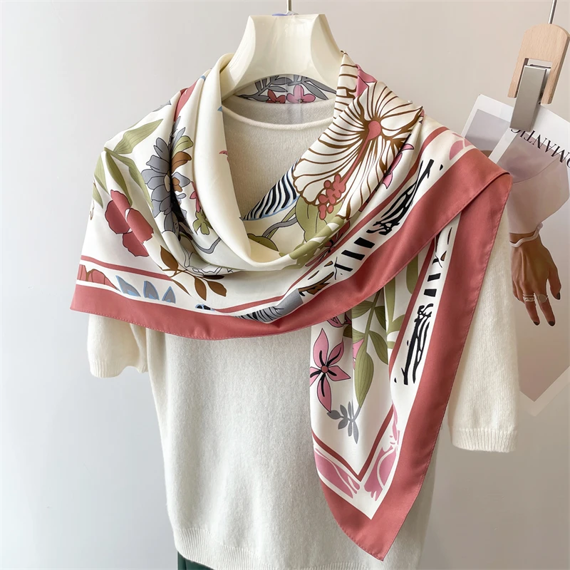 Fashion Summer Luxury Brand New Twill Silk Scarf for Women Flowers Hijab Bandana 90cm Square Spring Shawl Wraps Echarpe Foulard